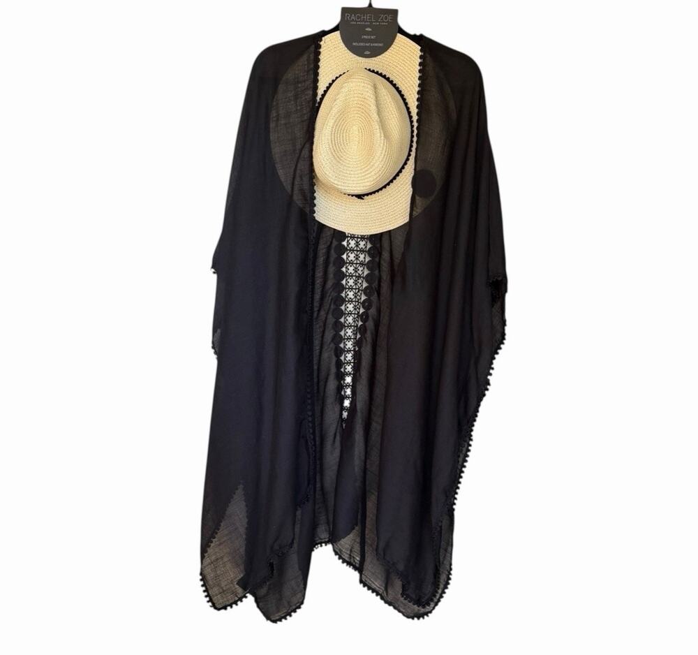 Rachel Zoe NWT Straw Hat Black Kimono 2 Piece Resort Swim Cover Up Set
